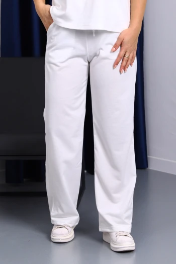 Ekru Bel Lastikli İki İplik Palazzo Eşofman Alt