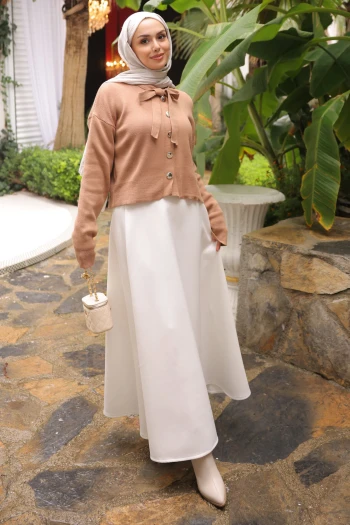 Ekru Bel Lastikli Scuba Puf Etek