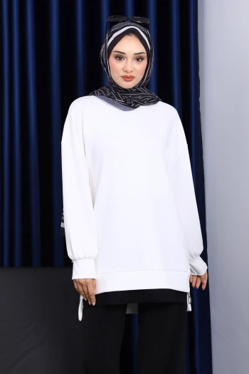 Ekru Bisiklet Yaka Yan Fermuarlı Tunik