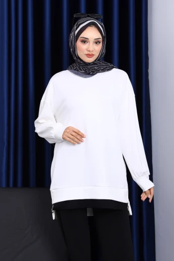 Ekru Bisiklet Yaka Yan Fermuarlı Tunik