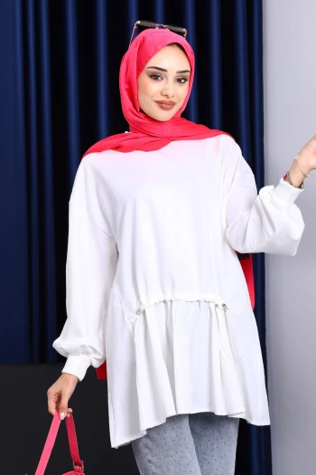 Ekru Büzgü Detaylı Garnili Tunik