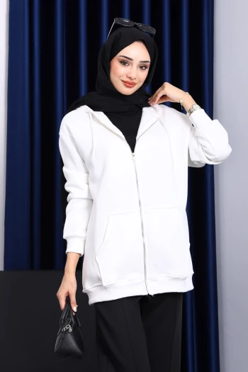 Ekru Cepli Fermuarlı Üç İplik Kapşonlu Sweat