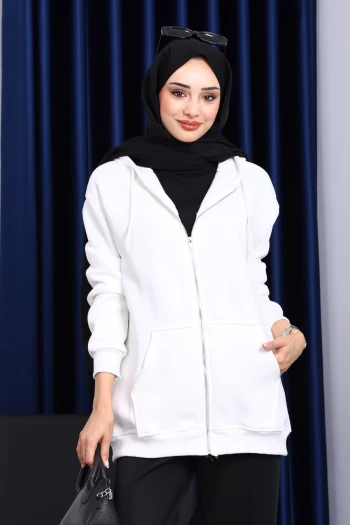 Ekru Cepli Fermuarlı Üç İplik Kapşonlu Sweat