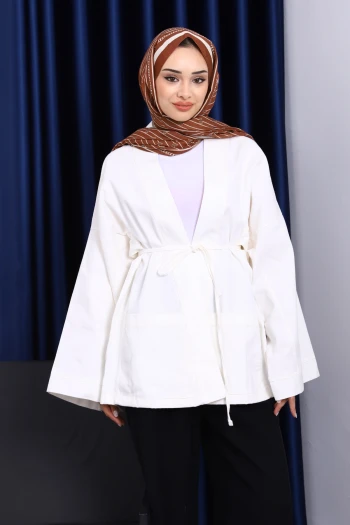 Ekru Cepli İp Detaylı Kanvas Ceket