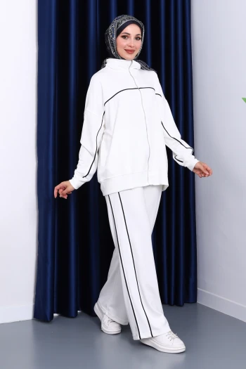 Ekru Çift Cepli Fermuarlı Biyeli Takım