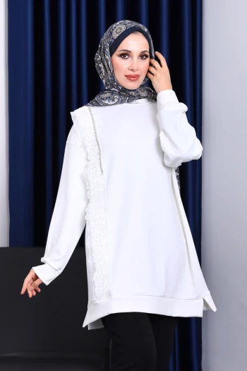 Ekru Dik Yaka Tül İşlemeli Tunik