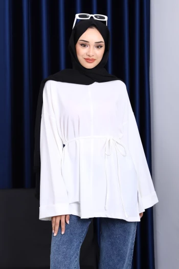 Ekru Dikiş Detaylı Yanları Yırtmaçlı Sweatshirt