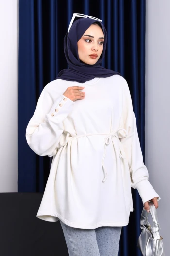 Ekru Düğme Detaylı Oversize Sweatshirt