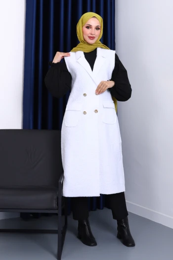 Ekru Düğmeli Uzun Buklet Yelek