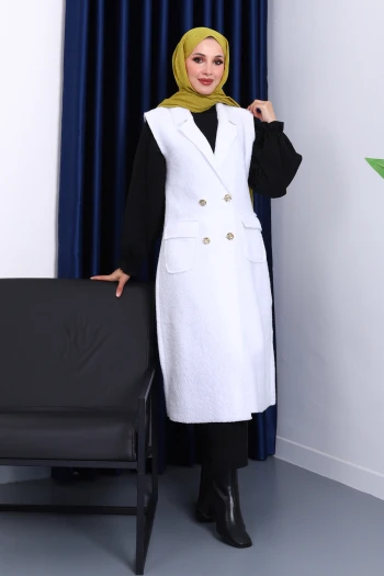 Ekru Düğmeli Uzun Buklet Yelek