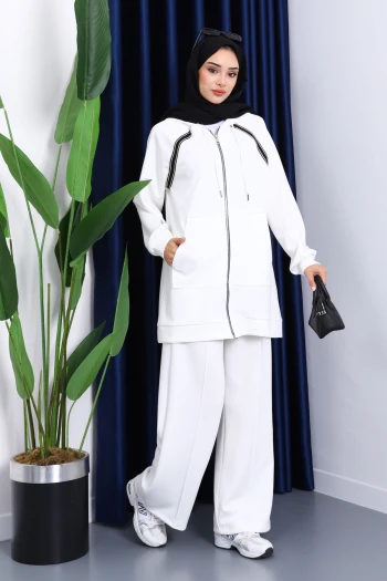 Ekru Fermuarlı Tunik Pantolonlu Modal Takım