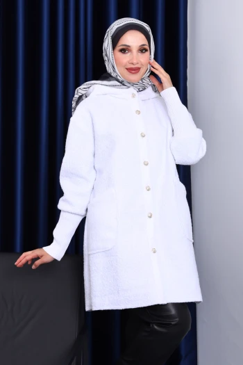 Ekru Kapşonlu Buklet Kaban