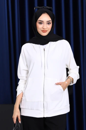 Ekru Kapşonlu Fermuarlı Modal Sweat Hırka