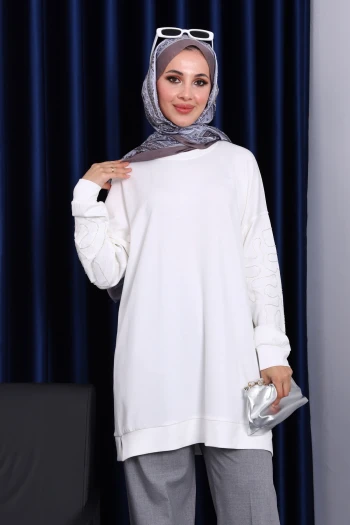 Ekru Kolu İşlemeli Modal Tunik
