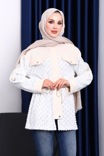 Ekru Sahte Cepli Bel Büzgülü Ceket