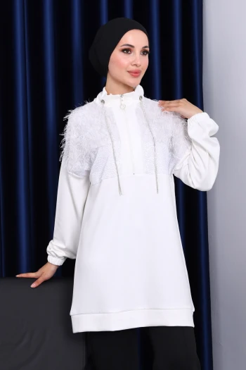 Ekru Yaka Fermuarlı Püsküllü Tunik
