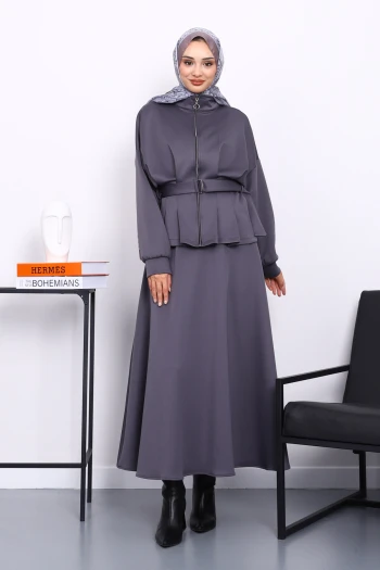 Füme Bel Detaylı Ceket Etekli Scuba Takım