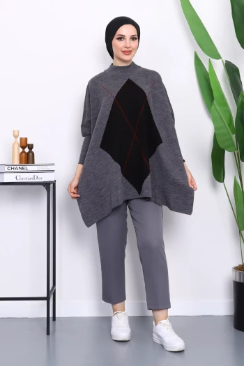 Füme Bisiklet Yaka Yan Yırtmaçlı Panço