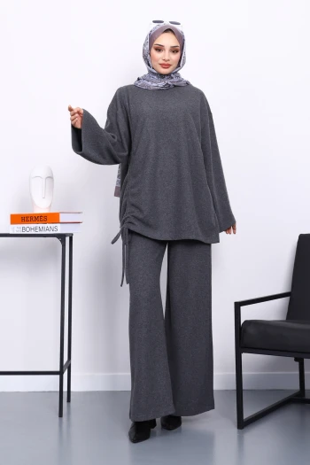Füme Büzgü Detaylı Fitilli Tunik Pantolonlu Takım