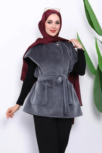 Füme Cepli Kemerli Kaşe Yelek