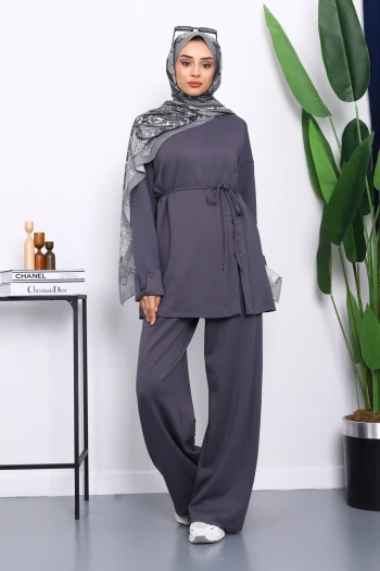 Füme Düğme Detaylı Tunik Pantolonlu Modal Takım