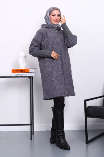 Füme Fermuarlı Yün Kaşe Kaban