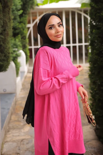 Fuşya Bisiklet Yaka Soğuk İplik Triko Tunik