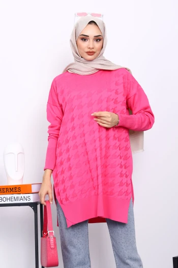 Fuşya Kazayağı Desenli Soğuk İplik Triko Tunik