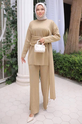 Gold Bisiklet Yaka Simli Pantolonlu Takım