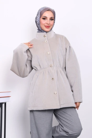 Gri Bel Lastikli Düğmeli Kaşe Kaban