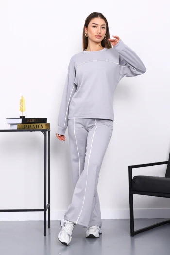 Gri Biye Detaylı Sweat Pantolonlu Takım