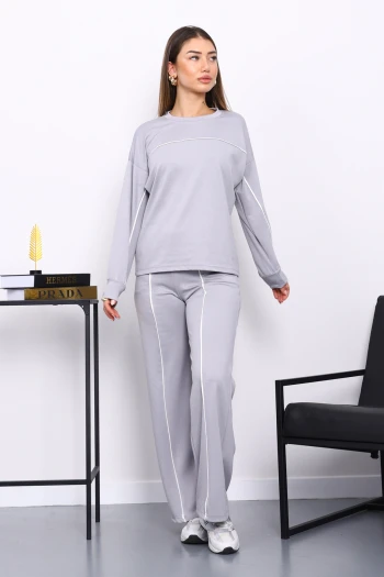 Gri Biye Detaylı Sweat Pantolonlu Takım