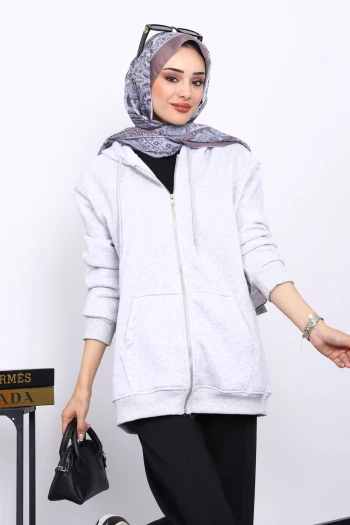 Gri Cepli Fermuarlı Üç İplik Kapşonlu Sweat