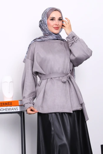 Gri Kol Apoletli Astarlı Süet Ceket