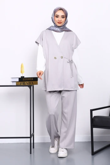 Gri Yelekli Tunik Pantolon Üçlü Takım