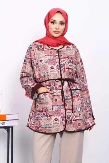 Gül Kurusu Etnik Desenli Çıtçıtlı Ceket