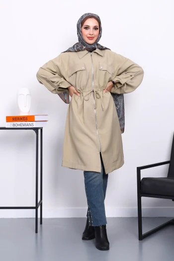 Haki Bel Kuşaklı Çift Cepli Gabria Kap