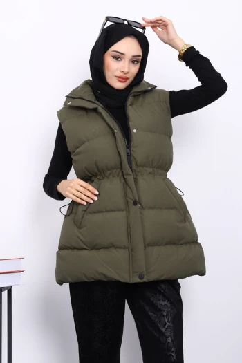 Haki Bel Lastikli Cepli Şişme Yelek