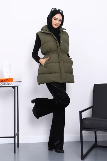 Haki Bel Lastikli Cepli Şişme Yelek