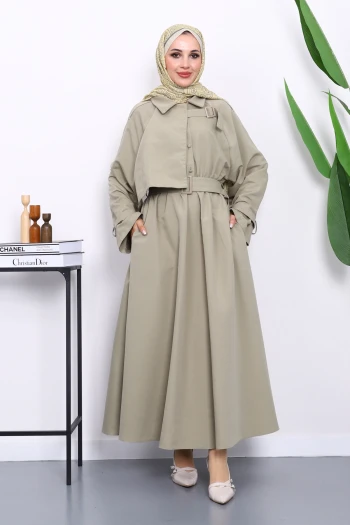 Haki Bel Lastikli Kemerli Trenç Elbise