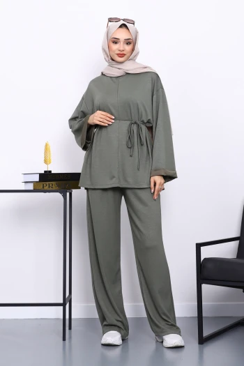 Haki Belden Bağlamalı Pantolon Cepli Modal Takım