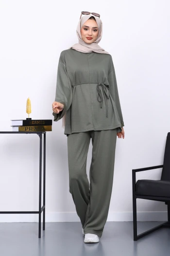 Haki Belden Bağlamalı Pantolon Cepli Modal Takım