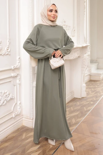 Haki Bisiklet Yaka Bel Kuşaklı Elbise