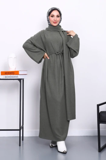 Haki Bisiklet Yaka Bel Kuşaklı Elbise