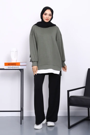 Haki Bisiklet Yaka Yan Fermuarlı Tunik