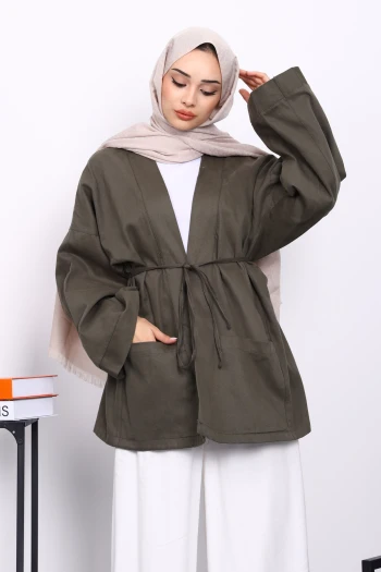 Haki Cepli İp Detaylı Kanvas Ceket