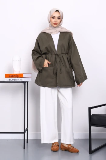 Haki Cepli İp Detaylı Kanvas Ceket