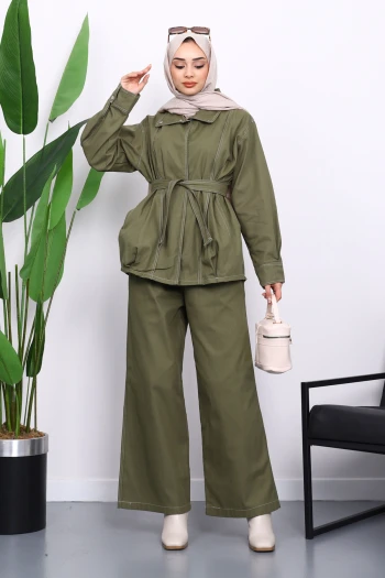 Haki Çıtçıtlı Ceket Pantolonlu Gabardin Takım