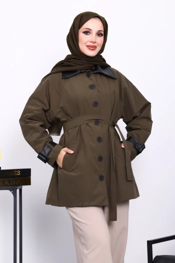 Haki Deri Detaylı Kuşaklı Trençkot