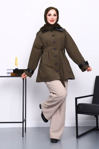 Haki Deri Detaylı Kuşaklı Trençkot